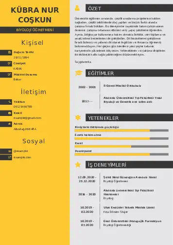 Biyoloji Öğretmeni CV Örnekleri cv indir